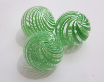 THREE Hand Blown Lampwork Beads Round HOLLOW. Clear with Green Stripes. Diameter 24mm Hole Approx 2mm