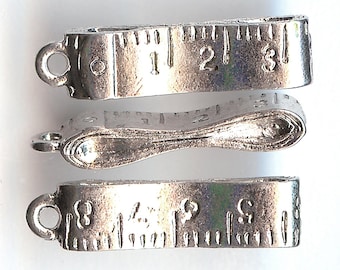 MEASURING TAPE Charm. Sterling Silver Plated. 3D. Made in the USA. wui