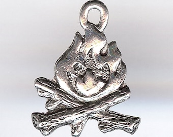 CAMPFIRE Charm. Pewter. Two Sided Camp Fire. Made in the USA. qst