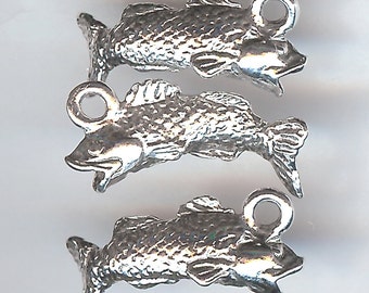 Large-Mouth BASS Charm. Sterling Silver Plated. 3D Fish. Made in the USA. wui