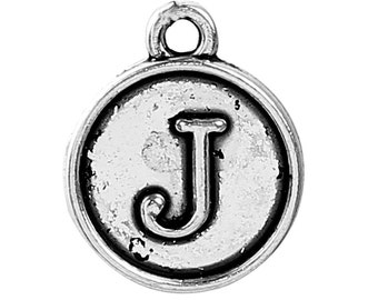 LETTER J Charm. Silver Plated Zinc Alloy. Two Sided. Round. Antiqued. Alphabet. sea