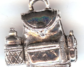 BACKPACK Charm. Sterling Silver Plated Pewter. 3D Back Pack. With Square Top and Large Water Bottle. Knapsack. Made in the USA. wui