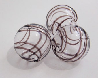 THREE Hand Blown Lampwork Beads Round HOLLOW. Clear with Simple Brown Swirl. Stripes. Diameter 24mm Hole Approx 2mm