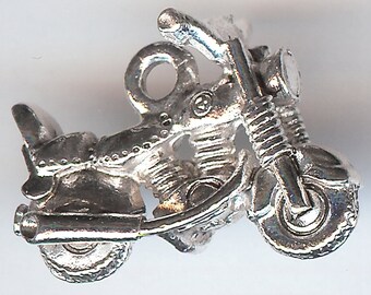 MOTORCYCLE Charm. Sterling Silver Plated Pewter. 3D Hog. Chopper. Made in the USA. wui