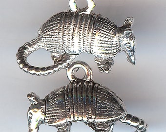 ARMADILLO Charm. Sterling Silver Plated Pewter. 3D With Curly Tail. Made in the USA. wui