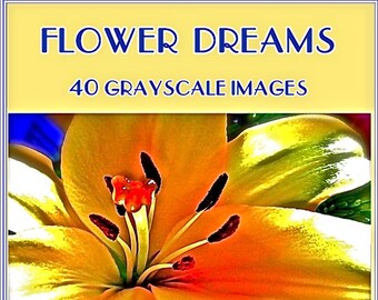 PDF Download "FLOWER DREAMS" my Grayscale Color or Paint book with over 35 mages of dreamy flowers, dresses, Garden topiary