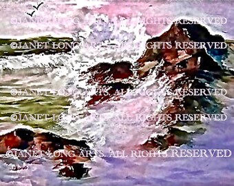 DIGITAL DOWNLOAD Pink seascape print lavender pastel pink green reds teal rust white waves brown rocks sea birds "Ocean Sunrise"