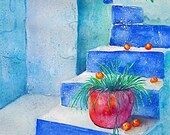 DIGITAL DOWNLOAD Watercolor Print Greek Steps Monaco blue azure blue green bright pink orange scenic travel orange tree
