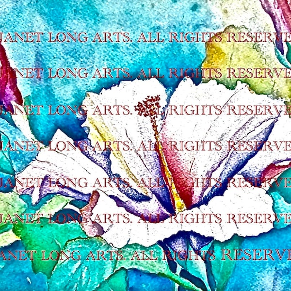 DIGITAL DOWNLOAD Flower Watercolor Print 'Hibiscus' blue pink green yellow purple lavender scarlet lake red mauve