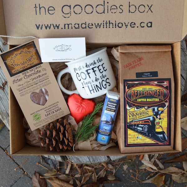 the goodies box - Coffee & Chocolate artisan organic dark chocolate espresso roast organic coffee beans Aztec Chocolate SpiceBlend gift box