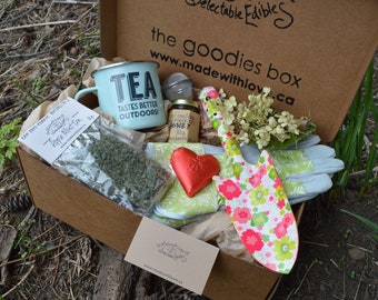 the goodies box - eco garden gift box leather & cotton gloves garden spade enamel mug apple mint herbal or rooibos chai tea metal ball honey