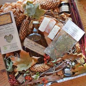 Può includere: Una scatola regalo riempita con elementi naturali tra cui una bottiglia di aceto balsamico, una bustina di miscela di spezie al pesto e aglio, tisana, tre saponette, pigne, foglie d'acero essiccate, rametti e piccoli vasetti.