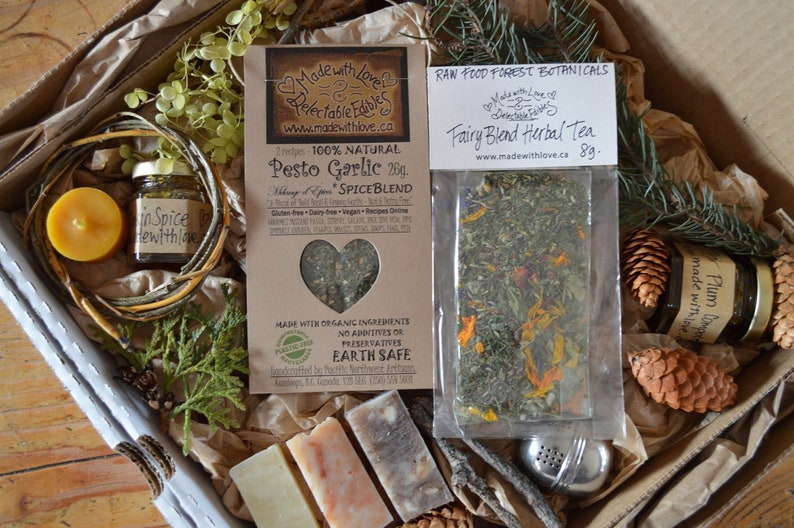 the goodies box Fairy Love Eco Gift Box Artisan Jam Herbal Tea Pesto SpiceBlend Beeswax Candle Soap Natural Gourmet Organic Foodie Gift FairyLoveEcoGiftBox