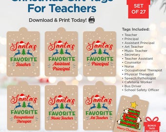 May include: Christmas gift tags for teachers, with a festive design featuring Santa, reindeer, and Christmas trees. The tags include phrases like "Favorite Teacher" and "Merry Christmas." Set of 27 tags.