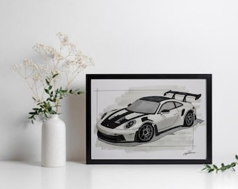 Tekening van een Porsche GT3 RS / Auto-illustratie / Porsche auto-kunst / Autotekening / Cadeau voor Porsche-fans / Autodecoratie