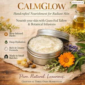 Op de afbeelding: Een ronde metalen blik met witte crème, gelabeld CALMGLOW Handcrafted Nourishment for Radiant Skin. De tekst benadrukt grasgevoerd rundvet, botanische infusies, langzaam getrokken kruiden, diepe hydratatie en kleine batches.