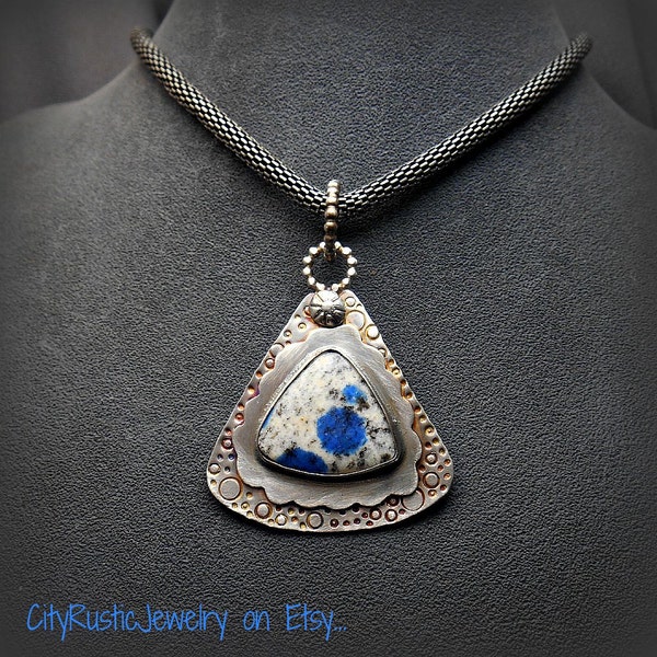 Triangular Sterling Metalwork Pendant with K2 Azurite in Granite Stone Cabochon