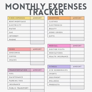 May include: A colorful monthly expenses tracker with sections for fixed expenses, shopping, food, medical, transportation, fitness, entertainment, and family/education. Each section has a space to write the amount spent.