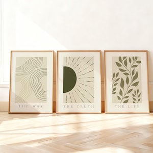 Der Weg die Wahrheit das Leben Wandkunst Set mit 3 Drucken, Johannes 14: 6 minimalistisch druckbar, christliches Boho grünes Dekor