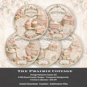 Puede incluir: Un conjunto de cinco diseños digitales redondos para posavasos con temas de pastelería francesa vintage. Cada gráfico circular muestra ilustraciones de cupcakes, pasteles, macarons y sacos de harina, con motivos florales y texto.