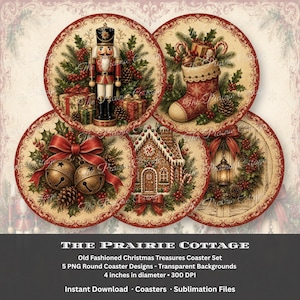 Könnte beinhalten: Ein Set aus fünf runden digitalen Untersetzer-Designs mit weihnachtlichen Vintage-Motiven wie einem Nussknacker, einem Weihnachtsstrumpf, Glocken, einem Lebkuchenhaus und einem Kranz mit Laterne, umrahmt von verzierten roten und cremefarbenen Rändern.