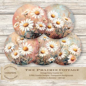 May include: A set of five round coasters with a vintage daisy design. Each coaster displays white daisies with yellow centres against a soft, pastel background. The coasters are approximately 10 cm in diameter.
