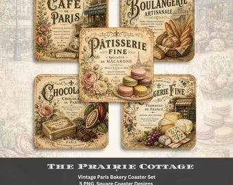 May include: A set of five square coasters featuring vintage French bakery themes. Designs include Cafe de Paris, Boulangerie, Patisserie with macarons, Chocolaterie with chocolate bars, and Fromagerie with cheese and grapes, all in sepia tones.