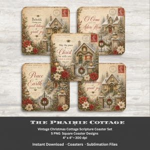 May include: A set of five square coasters featuring vintage-style Christmas cottage illustrations with snowy landscapes, poinsettias, and script text including Behold I bring you good tidings of great joy, O Come Let us Adore Him, and Peace on Earth.