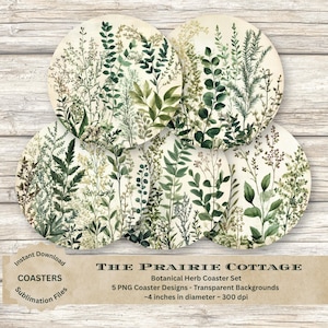 May include: A set of five round coasters featuring botanical herb designs. Each coaster displays a different arrangement of green and beige-toned plants. The coasters are approximately 4 inches in diameter and are labeled as "The Prairie Cottage Botanical Herb Coaster Set."
