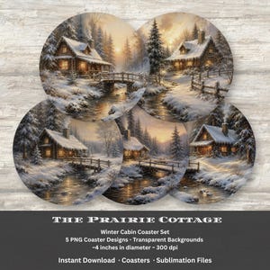 Set di sottobicchieri a tema baita invernale, sottobicchieri innevati, baita rustica di Natale, PNG stampabili per sublimazione, download immediato.