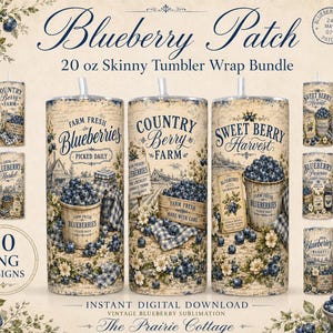 Juego de 10 envoltorios para vasos Vintage Blueberry Patch, diseño de arándanos estilo granja, sublimación PNG, 20 oz, paquete de envoltorios delgados
