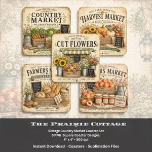 May include: A set of five square coasters featuring vintage-style illustrations of a country market, harvest market, cut flowers, farmers market, and peach preserves. Each design includes rustic imagery of produce, flowers, and baked goods.