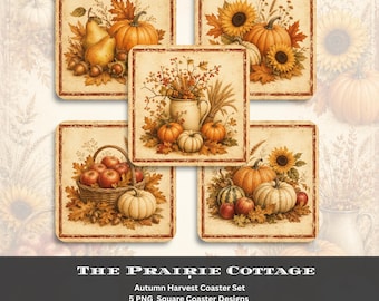 Autumn Harvest Coaster Set Fall Pumpkin Apple Pear Sunflower Sublimation Designs Vintage Farmhouse Thanksgiving Digital Download PNG