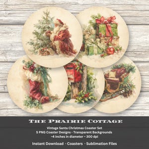 Puede incluir: Juego de cinco posavasos navideños vintage. Cada posavasos presenta un diseño diferente de acuarela, que incluye a Papá Noel, regalos envueltos, un calcetín navideño, un buzón y un trineo. Los posavasos tienen aproximadamente 10 cm de diámetro.