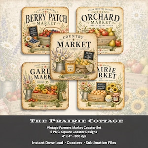 Puede incluir: Un conjunto de cinco posavasos cuadrados con ilustraciones de mercado de estilo vintage. Cada diseño muestra texto como Berry Patch Market, Orchard Market, Country Market, Garden Market y Prairie Market, acompañado de dibujos detallados de frutas, verduras, flores y tarros de miel en una paleta de colores cálidos y rústicos.