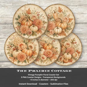 Pode incluir: Conjunto de cinco bases redondas com um design floral vintage de abóbora. Cada base apresenta abóboras laranja, rosas e outras folhagens de outono. As bases têm aproximadamente 10 cm de diâmetro.