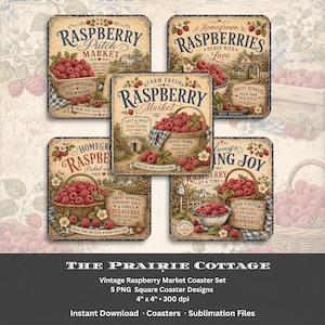 Vintage hallonmarknadsunderlägg set sublimering PNG gård färska bär patch Cottagecore frukt köksdekor digital nedladdning