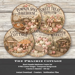 Halloween-Untersetzer-Set mit rosa Kürbissen (PNG-Format), Vintage-Herbstuntersetzer im Cottage-Bäckerei-Stil, runde Sublimationsdesigns, Sofort-Download