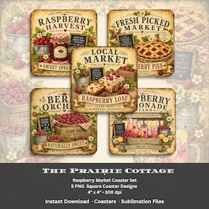 May include: A set of five square coasters featuring vintage-style illustrations of raspberry-themed market goods. Each design includes text such as Raspberry Harvest, Fresh Picked Market, Local Market, Berry Orchard, and Berry Lemonade with fruit graphics.