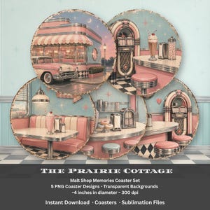 Peut inclure: Un ensemble de cinq motifs de sous-verres numériques circulaires représentant des scènes de restaurant des années 1950 avec des palettes de couleurs rose et bleu, des juke-box, des voitures classiques et des milk-shakes. Texte : THE PRAIRIE COTTAGE, 10,16 cm.