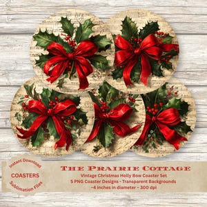 Vintage Christmas Holly Bow Coaster Set Red Ribbon Holiday Coasters Antique Music Sheet Background, Sublimation PNG