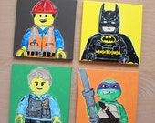 super fun figure art . custom colors and characters . 12x12 canvas. set of 4 . superhero, star wars, batman, yoda, ninjago, emmet, movie art