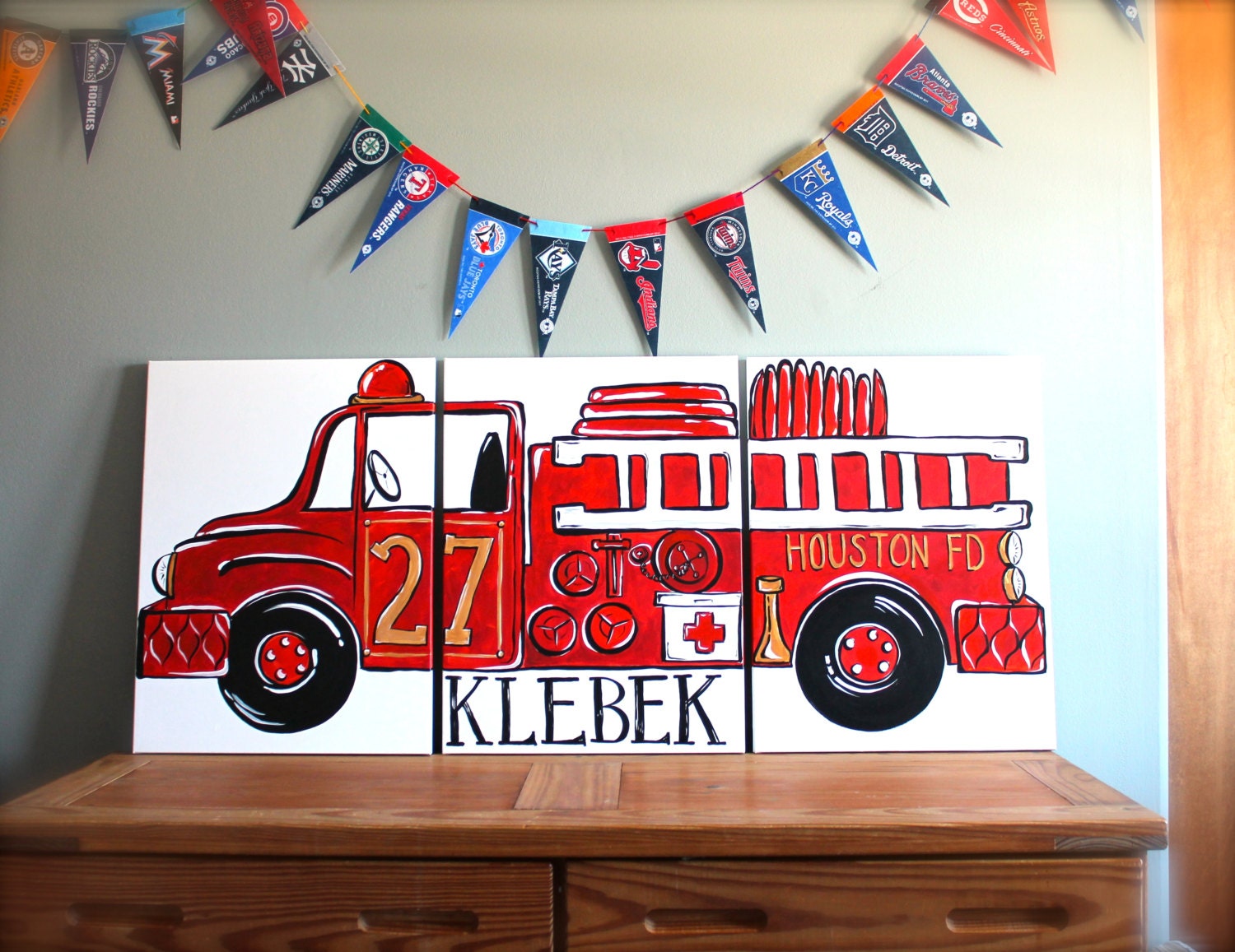 Triptych Red Vintage Fire Truck 54 X24 Original Painting Large Triptych Art Fire Truck Room Decor Personalized With Name Made To Order