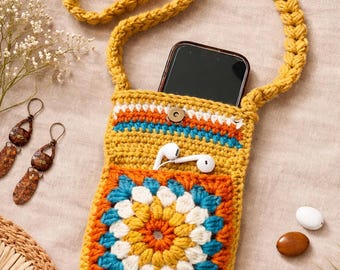 Bolso de móvil de ganchillo estilo boho / Bandolera cuadrada hecha a mano estilo abuela