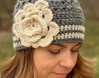 Handmade Crochet Flower Beanie, Cream & Green Slouchy Hat - Etsy display picture 1