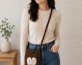 Boho Crochet cell Phone Bag | Handmade Granny heart Crossbody. Customizable