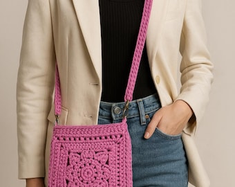 Handmade Crochet Granny square Shoulder Bag – Pink Boho Crossbody Purse