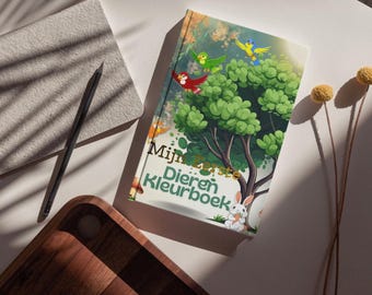 May include: A children's coloring book titled "Mijn Dieren Kleurboek" with a colorful illustration of a tree, birds, and a rabbit. The book is on a white surface with a pencil, a notepad, and a wooden tray.