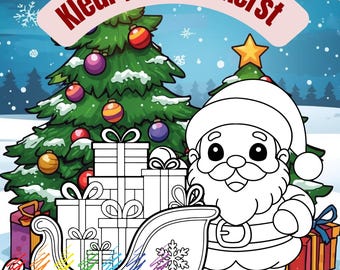 Peut inclure: Illustration de livre de coloriage sur le thème de Noël. L'image comprend un sapin de Noël décoré, une pile de cadeaux emballés, un traîneau et une figurine du Père Noël. Le texte "Kleur je eigen Kerst" est affiché sur une bannière.
