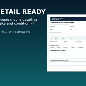 Op de afbeelding: Een 12-pagina tellende intake- en conditiekit voor mobiele autoreiniging, inclusief een printbare PDF en bewerkbaar SVG-bestand. Het document bevat velden voor klantgegevens, voertuigdetails, gewenste diensten en speciale instructies.